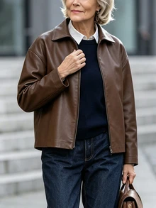EMERY ROSE Jaket Wanita Gaya Jalanan Lengan Panjang dengan Resleting dan Bahan PU - Coklat - View 4