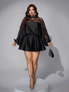 Viva Relle Plus Size Women's Lace Patchwork Ruffle Romper Fall - Black - View 3