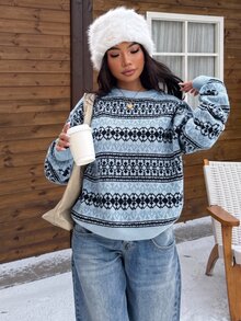 SHEIN EZwear 女款幾何圖案圓領長袖休閒復古毛衣 旅行海軍藍秋季 - 藍色 - 查看 3