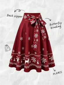 SHEIN Franclia 秋冬休閒聖誕圖案綁帶裙，度假穿搭女款裙子 - 紅色 - 查看 1