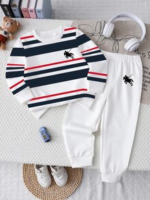 1 Set Toddler Simple Retro Casual Striped Sweatshirt Outfit, Classic Contrast Striped Knight Pony Print Craft, Crew Neck Long Sleeve Lightweight Sweatshirt And Sweatpants 2-Piece Set, Suitable For Daily School, Outdoor Outings, Shopping, Gatherings, Home Wear And More Occasions, Stylish Versatile Sports Outfit For Baby Boys, Spring/Autumn - Multicolor - View 4