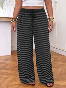 Muchica Dark Gray Striped Casual Plus Size Women's Pants Fall - Dark Grey - View 5