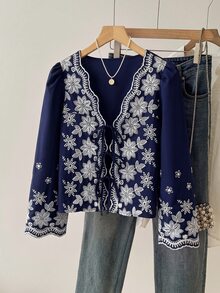 Muvela 女款花卉刺繡圖案休閒日常穿著襯衫 - 藏蓝色 - 查看 6
