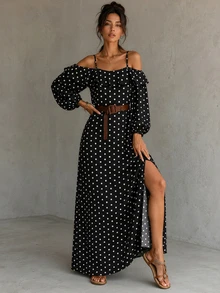 SHEIN Holidaya 女款法式波點印花露肩前開衩洋裝 - 彩色 - 查看 6