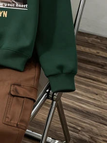 2件組青少年男孩時尚圓領衛衣與工裝褲套裝，酷炫滿版英文標語印花，校園休閒秋季街頭風，深綠色與棕色 - 彩色 - 查看 5