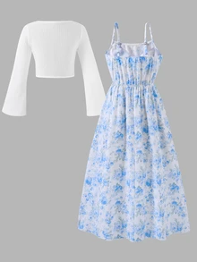2pcs/Set Tween Girls Autumn New Elegant Cute Knit Waffle Long Sleeve Open Front Top And Woven White Blue And White Cami Dress Casual Holiday Vacation - Baby Blue - View 3