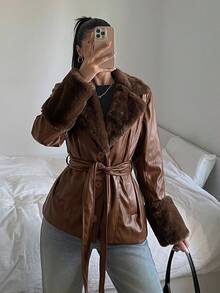 SHEIN EZwear Solid Color Long Sleeve Casual Streetwear Elegant PU Patchwork Waisted Jacket With Drawstring In Fall/Winter Night Out Brown - Coffee Brown - View 7