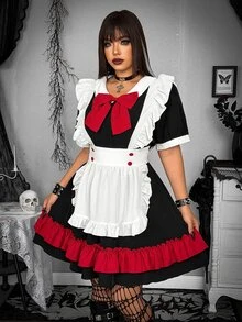Whyspr Gaun Mini Lengan Pendek Kostum Pelayan Manis Romantis - Hitam - View 3