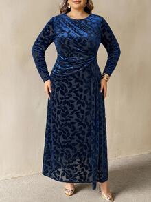 SHEIN CURVE+ Plus Size Women's Floral Print Long Sleeve Pleated Elegant Dress Fall - Blue - View 8