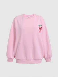 SHEIN 青少年女孩字母與龍蝦印花圓領落肩長袖休閒衛衣 - 粉色 - 查看 3