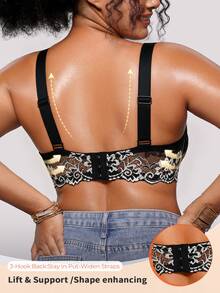 Bareli Dear Plus Size Sexy Lace Patchwork Push-Up Bra, Adjustable Shape, Minimizing Large Bust, Side-Boob Coverage, Underwire Lingerie, 1pc - Black and White - View 2