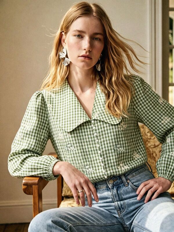 Écloséra Women's Elegant French Vintage Long Sleeve Blouse, Fashionable Versatile Plaid Shirt, Casual Minimalist Open Front Loose Peter Pan Collar Blouse, Romantic Floral Embroidery, Vacation Daily Date Commute Outfit Puff Long Sleeve Shirt, Spring Autumn Green Plaid Blouse