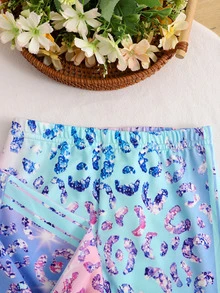 SHEIN 女童亮片彩虹豹紋休閒簡約長袖上衣褲子兩件套，適合秋冬日常、運動、校園穿著，秋冬時尚 - 彩色 - 查看 5