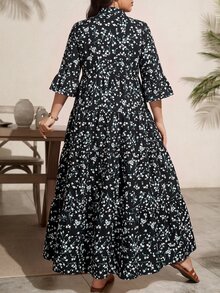 Comfylo 小碎花拼接層次大碼七分袖長洋裝 - 彩色 - 查看 2