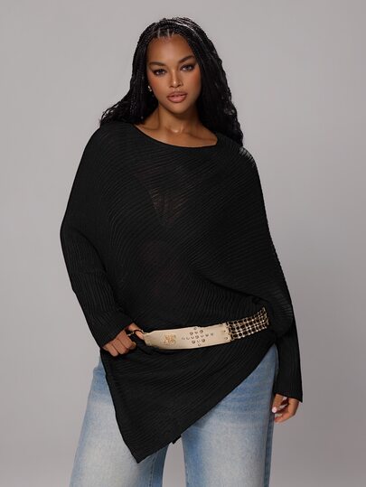 Rustia Autumn/Winter Elegant Minimalist Sexy Style Asymmetrical Off-Shoulder Black Batwing Sleeve Knit Pullover Sweater
