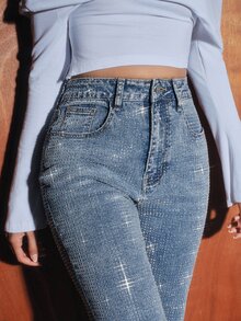 Anewsta Women's New Fashion Heavy Embellished Rhinestone Blue Jeans Straight Leg Long Pants - Blue - View 2