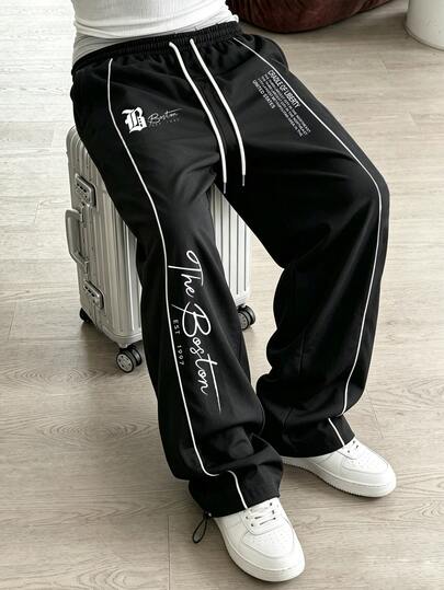 Sport MetroGents Pantalones largos deportivos para hombre con estampado de letras y cintura con cordón