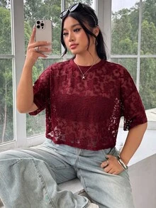 SHEIN EZwear 大尺碼女款蕾絲時尚優雅 T-shirt 約會穿搭 - 酒紅色 - 查看 4