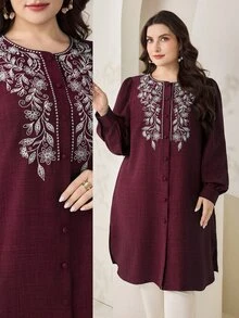 SHEIN CURVE+ Kemeja Wanita Ukuran Besar Motif Bordir Bunga Kasual Elegan untuk Pemakaian Sehari-hari, Musim Gugur, Formal, Pesta Malam, Warna Burgundy - Burgundy - View 1