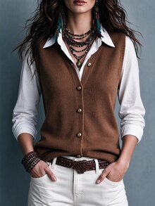 SHEIN Brown Round Neck Gold Button Sleeveless Vest Cardigan For Women , Loose Soft Flattering Layering Commuter Outerwear Going Out Tops Fashionable Tops - Brown - View 4