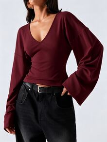 LYSMO Women's Solid Color V-Neck Drop Shoulder Long Sleeve Slim Fit T-Shirt - Burgundy - View 4