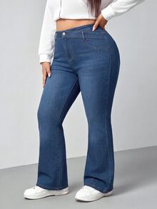 Lounesse Plus Size Casual Washed Flare Jeans - Blue - View 6