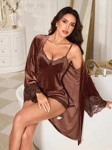 LuxeNights Women's Middle Eastern Elegant Lace Patchwork Brown Velvet Camisole & Shorts 3 PiecesPajama Set - Brown - View 6