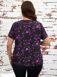 Reflora Plus Size French Vacation Floral Print Short Sleeve Shirt - Purple - View 2