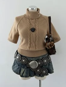 Sunspun Sweater Rajut Wanita Ukuran Besar Lengan Pendek Kerah Tinggi - Unta - View 3