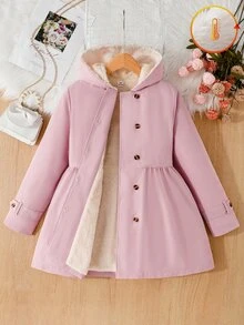 Tween Girl Pink Double-Breasted Hooded Thermal-Lined Jacket, Mid-Waist Ruched A-Line Long Sleeve, Suitable For Daily Casual And Vacation Wear - Baby Pink - View 5