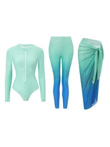 Swim Shayni Women's Summer Beach Conservative Style Geometric Gradient Print Burkini Set, Long Sleeve Zipper One-Piece Swimsuit, Long Cover-Up Dress, Black Long Pants - Blue - View 2