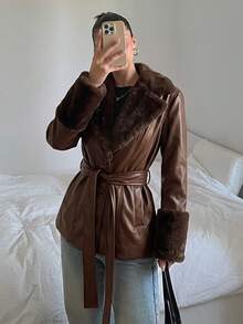 SHEIN EZwear Solid Color Long Sleeve Casual Streetwear Elegant PU Patchwork Waisted Jacket With Drawstring In Fall/Winter Night Out Brown - Coffee Brown - View 6