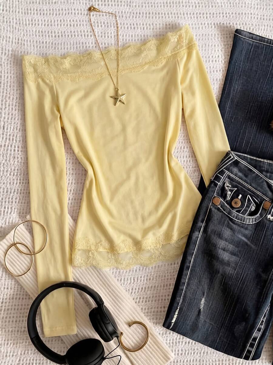 Comfortcana Kaos Fashion Wanita Lengan Panjang Berenda dengan Bahu Terbuka - Kuning muda - View 1