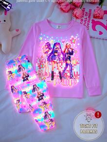 女童 K-POP 偶像夢幻印花 UV 光感螢光貼身睡衣套裝，韓系甜酷風，針織彈性面料，舒適柔軟圓領短袖長褲 2 件式居家服，適合居家與戶外穿著 - 彩色 - 查看 6
