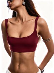 SHEIN EZwear 黑色緊身運動風純色短版細肩帶背心上衣 - 酒紅色 - 查看 1