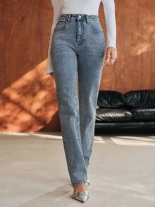 Anewsta Women's New Fashion Heavy Embellished Rhinestone Blue Jeans Straight Leg Long Pants - Blue - View 5