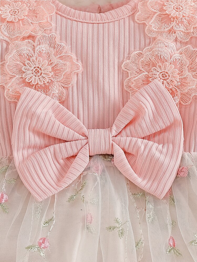 SHEIN 1pc Newborn Baby Girl Pink & Apricot Round Neck Lantern Sleeve 3D Floral Decor Waist Bow Mesh Dress, Casual Cute Fashion Sweet Elegant Floral Embroidery Mesh Dress Short Skirt With Headband, Suitable For Spring/Autumn Daily Outings, Travel, Vacation, Party, Birthday And Other Occasions - Baby Pink - View 5