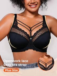 Bareli Dear Plus Size Black Underwire Lace Patchwork Thin Cup Bra, 1pc - Black - View 1