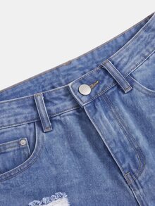 SHEIN PETITE 性感街頭風鈕扣磨損毛邊牛仔短褲 - 藍色 - 查看 3