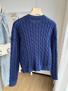 SHEIN 青少年女孩白色粗針編織繩紋V領長袖毛衣，適合搭配外套、牛仔褲、裙子 - 藏蓝色 - 查看 2
