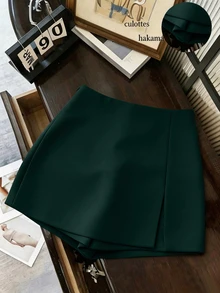 SHEIN Franclia 時尚休閒通勤百搭丹寧效果印花紋理軟面料高腰開衩女款短褲/裙/寬腿褲/熱褲 - 綠色 - 查看 3