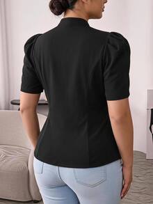 Hourglow Plus Size Women's Black Blouse, Stand Collar Keyhole Neck Short Puff Sleeve Waist-Defining Peplum Top - Black - View 2