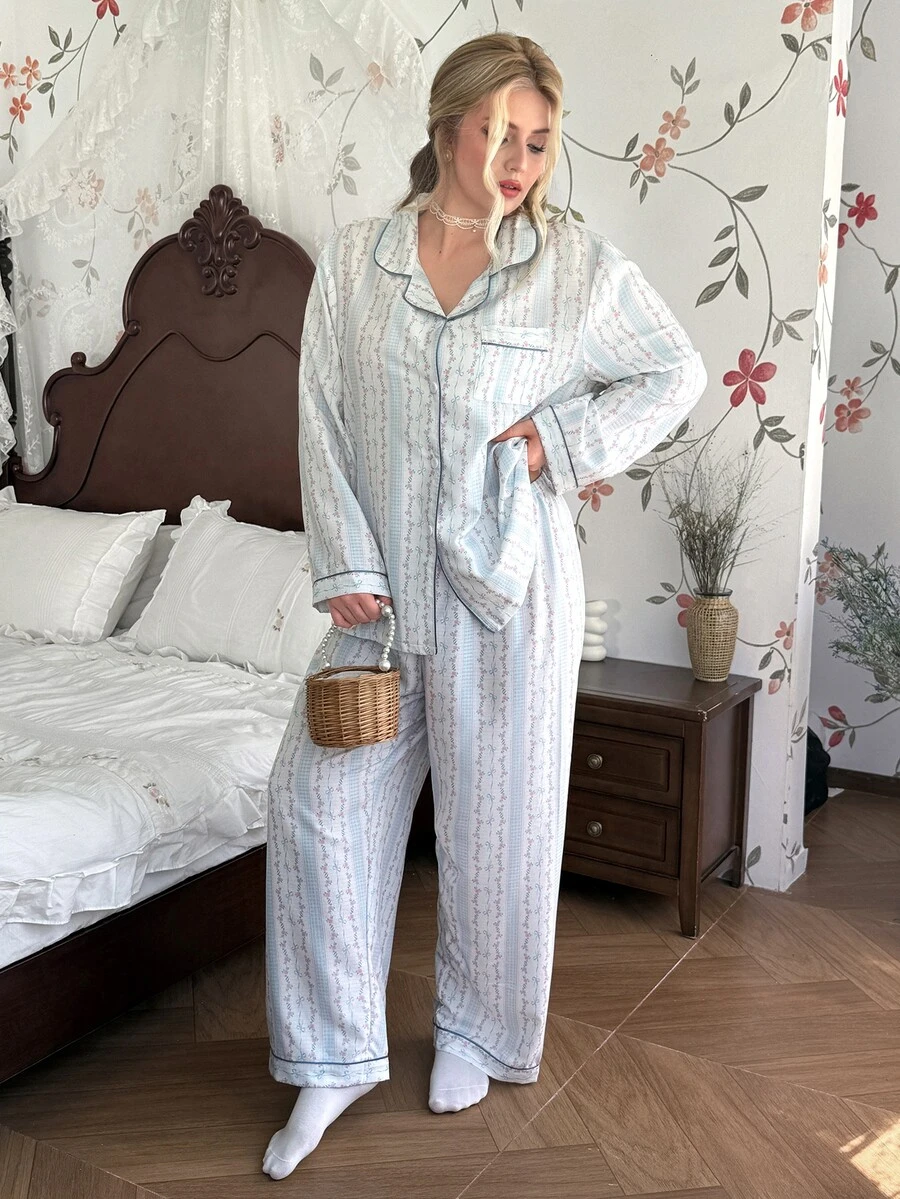 CottageSlumber Plus Size Bubble Crepe Chain Print Lapel Cardigan Long Sleeve Pants Pajama Set Night Sleep White Fall Tropical Elegant Bridal - Multicolor - View 1