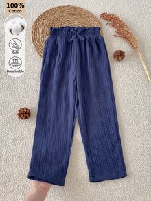 SHEIN 女童純棉素色皺褶休閒長褲，寬鬆百搭花苞腰設計長褲 - 藏蓝色 - 查看 4