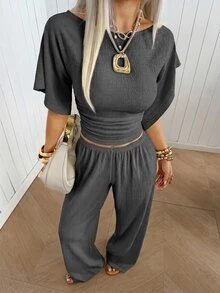 SHEIN EZwear Dunkelgraues Strick Damen Fledermaus-Kurzarm-Top und lange Hose Loungewear Set - Grau - Übersicht 3