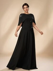 Serin Plus Size Elegant Romantic Glamorous Black Applique Design Shawl Fitted Patchwork Ruched A-Line Wedding Event Mother Dress Evening Party Ball Music Festival Formal Gown - Black - View 7