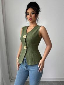 Elenzga 女款V領修身前襟金色玫瑰鈕扣裝飾外套背心 - 橄欖綠 - 查看 6
