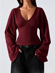 LYSMO Women's Solid Color V-Neck Drop Shoulder Long Sleeve Slim Fit T-Shirt - Burgundy - View 6