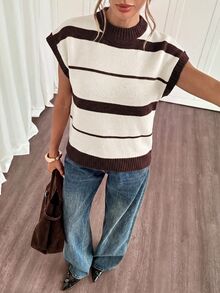 Siren Gaze Women's Striped Batwing Short Sleeve Casual Knit Top - Apricot - View 6