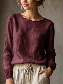 SHEIN Blus Wanita Kasual Elegan Warna Krem Muda Leher Bulat dengan Hiasan Renda Minimalis Serbaguna untuk Perjalanan Sehari-hari - Burgundy - View 3